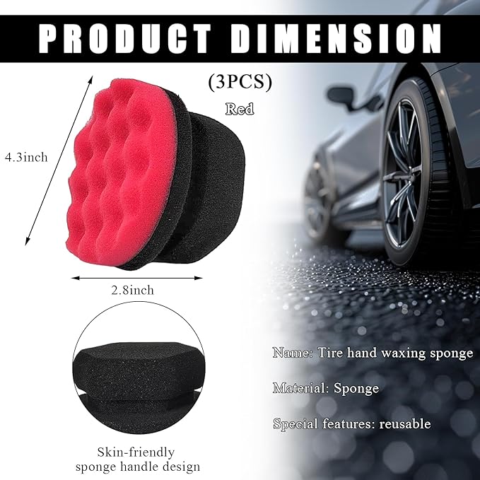 3 PCS Tire Dressing Applicator Pads, Reusable Hex Grip Tire Shine Applicator Polishing Sponge Pads, Wheel Tire Shine Detailing Foam for Most Vehicles, Car Accessories (Red, 4.33")