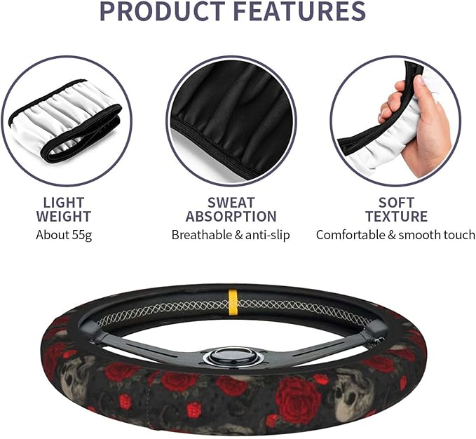 Halloween Skull Steering Wheel Cover Elastic Non-Slip Car Steering Wheel Covers with Seat Belt Shoulder Pad for Women Men