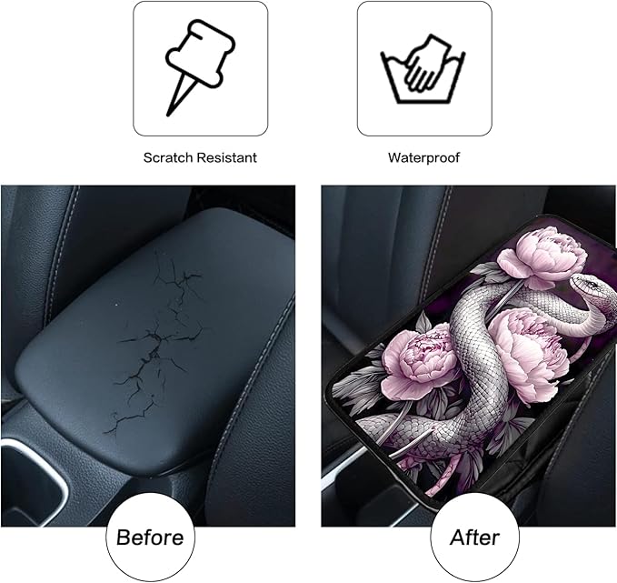 JANENFNA Car Armrest Cover Pads Universal Fashion Cute Auto Center Console Armrest Cover Pad with 2PCS Car Coasters Soft Waterproof Car Armrest Seat Protector for Women,Snake Pink Peonies