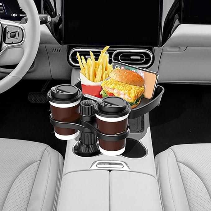 Car Cup Holder Expander Tray, 360° Rotatable Detachable Car Food Table Tray with Phone Mount, Dual Cup Holder Expander with Adjustable Base