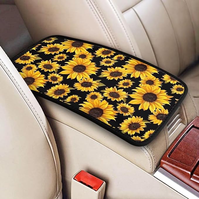 Sunflower Flower Center Console Cover Yellow Floral Armrest Cushion Protector for Cars Sedans Vans Truck Vehicles, SUV Interior Accessories