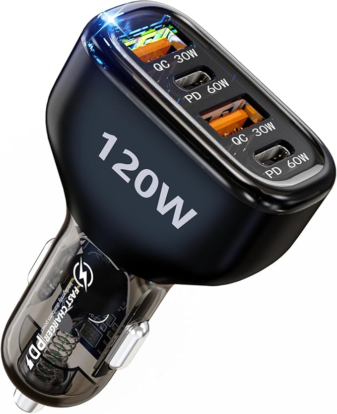 Fast Car Charger USB C, Cigarette Lighter Adapter, 4 Port 120W Dual Type C & USB A Car Charger Adapter PD/QC Fast Charging for iPhone 16/15/Pro Max, iPad, Samsung Galaxy, Pixel, Android