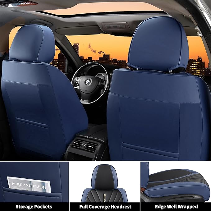 FLORICH Front Seat Covers Seat Covers, Waterproof Seat Cover for Cars, Luxury Leatherette Balck and Blue Car Seat Cushion, Automotive Seat Protector for Sedan SUV Pick-up Truck