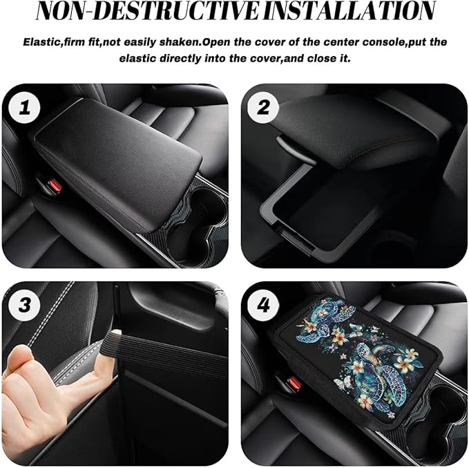 Dreaweet Sea Turtle Car Accessories Center Console Cover Black Car Arm Rest Cover,Car Armrest Box Pad with Pockets,Soft Comfy Arm Rest Cushion Pads for SUV Truck Sedan Vehicle