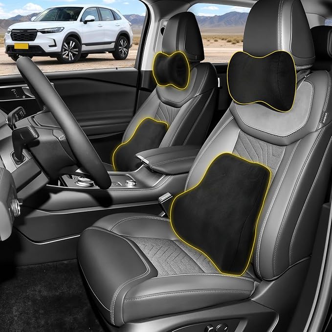 Car Neck & Lumbar Support Pillow Set for Honda HR-V, Soft Memory Foam Headrest & Back Cushion, Ergonomic Comfortable Seat Support for Daily Driving and Long Trips Car Interior Accessories