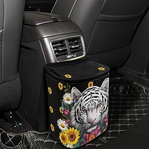 White Tiger Floral Car Trash Can, Hanging Zipper Design Garbage Bin for Backseat