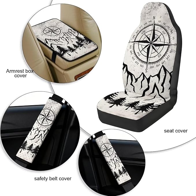 Qeluxign Air Mesh Car Seat Covers & Accessories 5-Piece Set 2 Seat Covers, 2 Shoulder Belt Pads, 1 Console Pad PU Leather Car Interior Set for Women,Compass Mountain Pine Tree