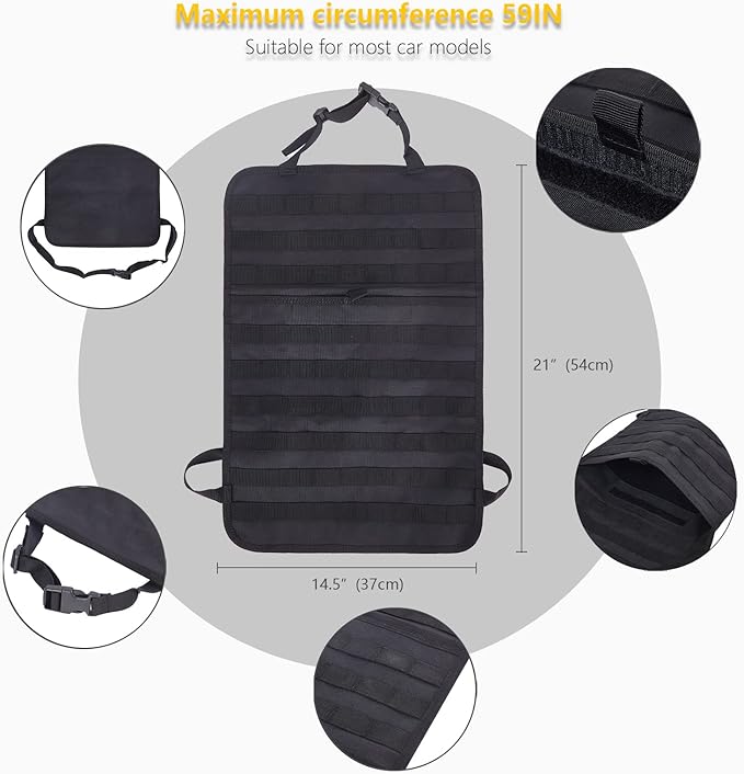 Universal Tactical Seat Back Organizer Vehicle Molle Panel Organizer Storage Bag with 5 Detachable Molle Pouch for All Vehicel Such as Jeep,Truck,SUV, Car, Ford,Chevy etc