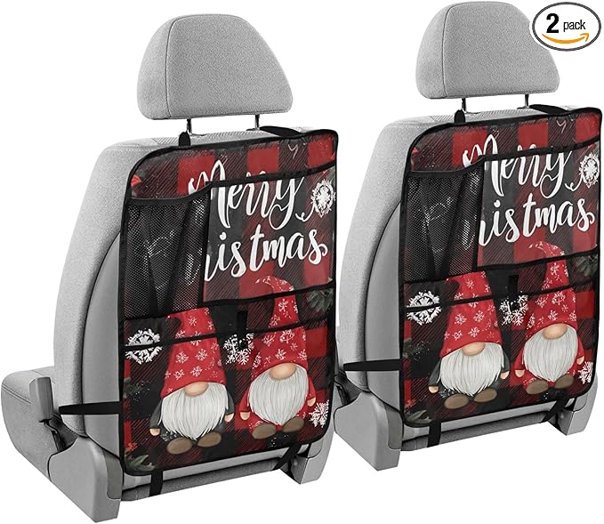 2 Pack Back Seat Car Organizer with Storage Pockets Kick Mats Back Seat Protector Hanging Car Organizer Automotive Seat Back Cover Organizers Red and Black Checkered Christmas Gnomes