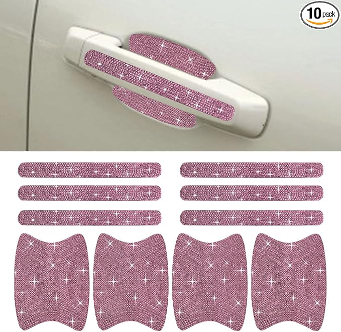 10PCS Bling Car Door Handle Protector, Crystal Rhinestone Anti-Scratch Car Bowl Decoration Sticker Decal, Universal Auto Exterior Door Protective Covers Accessories for Women (Pink)