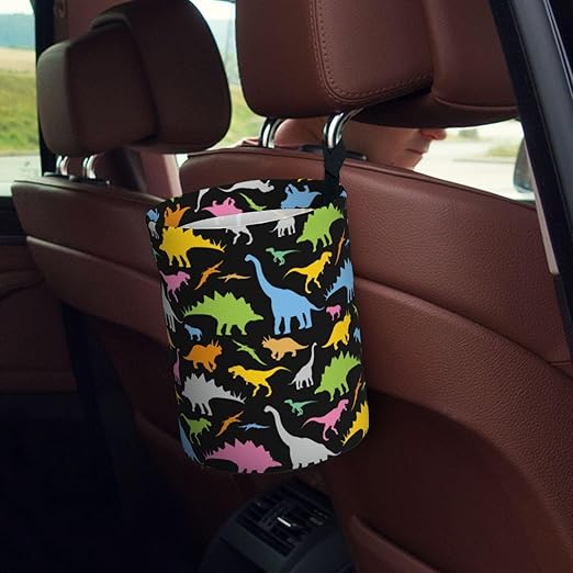 KXWQTRDD Car Garbage Bag Colorful Dinosaurs Mini Car Trash Bin Portable Collapsible Waterproof Rubbish Bag for Car Accessories Back Front Seat Cup Holder