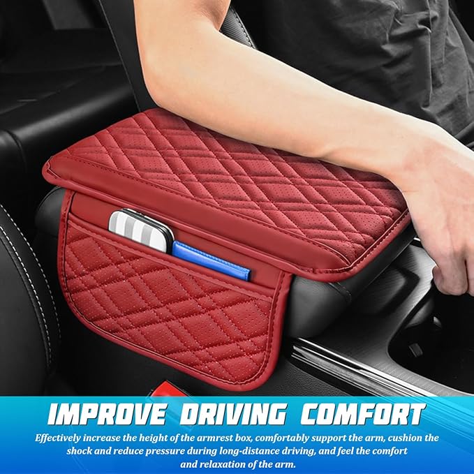 Car Center Console Cover, Leather Vehicle Armrest Cushion Pad with 2 Storage Bags, Comfortbale Automotive Interior Middle Seat Box Protector Accessories, Universal Fit (Red)