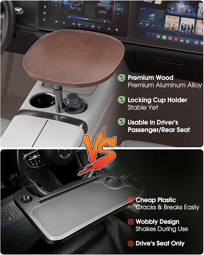 Car Desk for Laptop with 360° Swivel, Height-Adjustable Car Tray Table - Wooden Car Laptop Mount & Cup Holder Table, Universal Car Food Tray for Most Vehicles