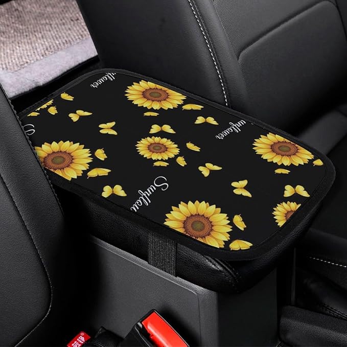 PPIKTC Auto Center Console Armrest Cover Beautiful Butterfly Sunflower, Universal Soft Comfort Handrail Box Cushion for Car, Suitable for Most Vehicles