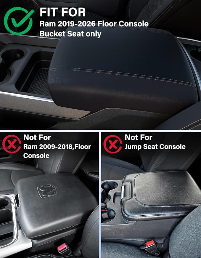 Center Console Armrest Cover for 2019-2026 Dodge Ram 1500 2500 3500 Accessories, Vinyl Leather Middle Console Cover Cushion Pad, Black(Fits Bucket Seat Only)