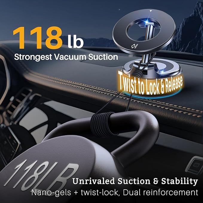 Jkoailiwi 360 Adjustable Vacuum Magnetic Phone Holder for Car, 118LBS Nano Gel Suction Cup Phone Mount, Universal 360 Dashboard Phone Holders for Your Car for Magsafe iPhone 17 16 Air Pro Max