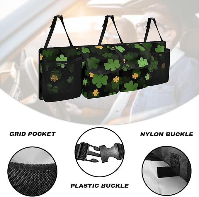 CLOHOMIN Green Leaves Car Trunk Organizers for Women Men Car Trunk Mesh Storage St. Patrick's Day Backseat Hanging Organizer Large Capacity Cargo Storage Organizer with 4 Pockets