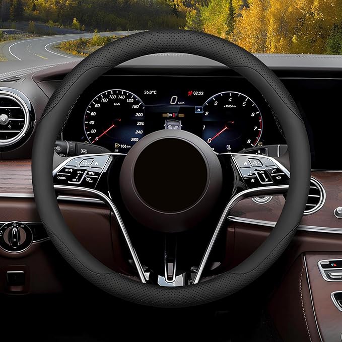 Mihecor Steering Wheel Cover Standard Size Medium 14.5-15 inch, Breathable Microfiber Leather, Anti-Slip, Soft Grip, Universal Fit for Cars SUVs Trucks, Black