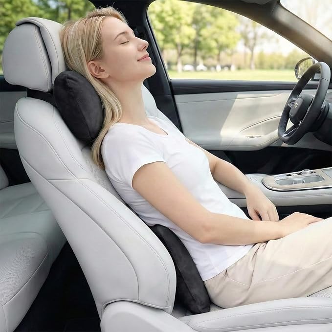 2PCS Car Pillow for Car Neck Pillow for Driving Seat Leather Neck Support Soft Cushion Back Support Head-Rests for Vehicle Sleeping with Elastic Adjustment Strap (Black, Head and Lumbar)