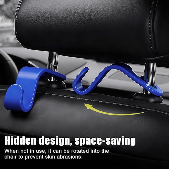 4 PCS Car Headrest Hooks - 360 Rotatable Auto Back Seat Storage Organizer, Universal Vehicle Car Organization Hangers for Purses, Bags, Cloths & Water Bottles Hook Seat Accessories, Blue