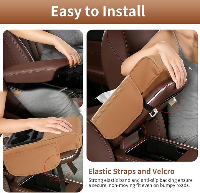 5-in-1 Car Armrest Cushion, Multifunctional PVC Leather Center Console Armrest Pillow Elbow, Universal Arm Box Pad Cover with Cup Holder, Phone Slot, Tissue Box Slot & 2 Storage Bags, Orange