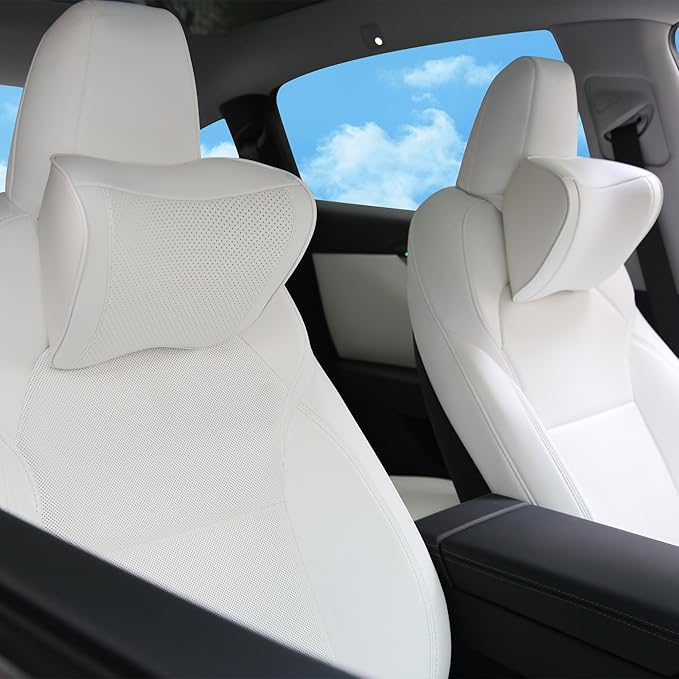 Car Headrest Pillow 100% Memory Foam, Breathable Removable Leather Cover, Premium Seat Support Head Neck Cushion for Driving Travel Home Office, White, 2 Pack
