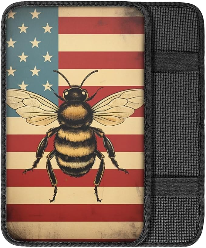 Car Center Console Pad, Universal Waterproof Car Armrest Seat Box Cover, Car Interior Accessories for Most Vehicle SUV Truck Vintage American Flag Bee Car Armrest Pad