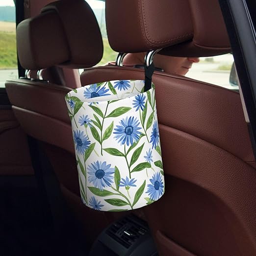 Cornflower White Flowers Car Trash Can Garbage Cans Foldable,Cute Hanging Car Organizer and Storage Bag Leak Proof, Auto Back Seat Trash Bin Universal for Truck, SUV, Outdoor Travel