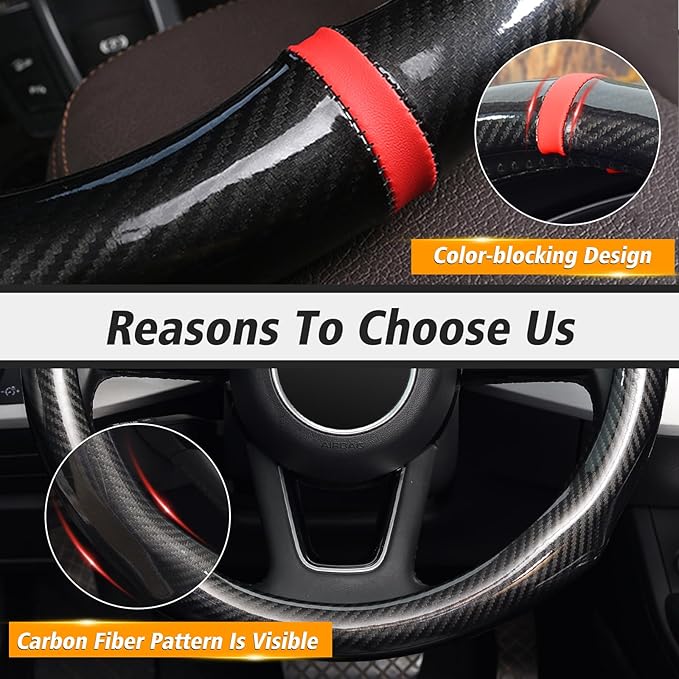 ZHOL Carbon Fiber Car Steering Wheel Cover Small-Size 14"-14 1/4" Compatible with Prius Civic Model 3 Camaro Spark Rogue Mini Smart Audi