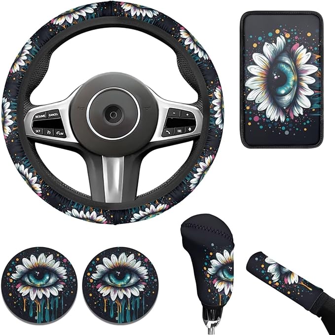 6pcs Big Eye Women Men Steering Wheel Cover Funny Cry&Tears Car Armrest Cover Handbrake Cover Cup Coaster Car Interior Decor Fit Auto,Suvs,Truck