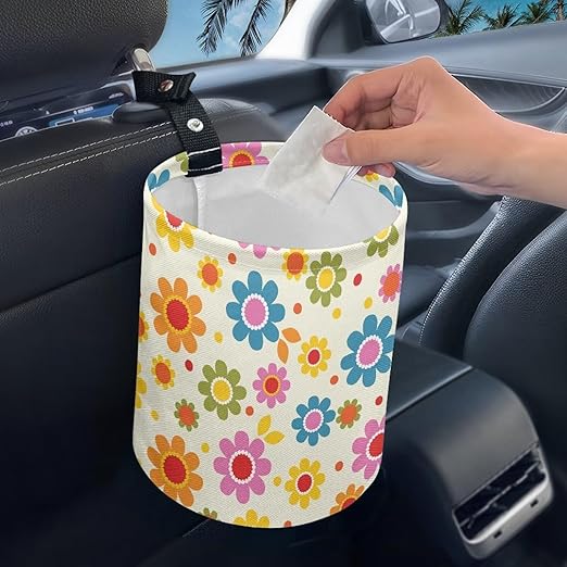 Cute Hippie Flower Mini Car Trash Bin Car Garbage Can Car Storage Bag Waterproof Multipurpose Car Organizer Car Accessories for Women Interior