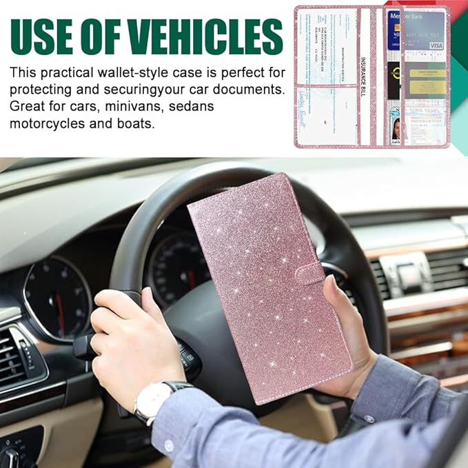 Vehicle Glove Box Car Organizer, Car Registration and Insurance Holder, Insurance Card Holder for Cars, Leather Card Holder Interior Auto Accessories for Women (Glitter-Pink)