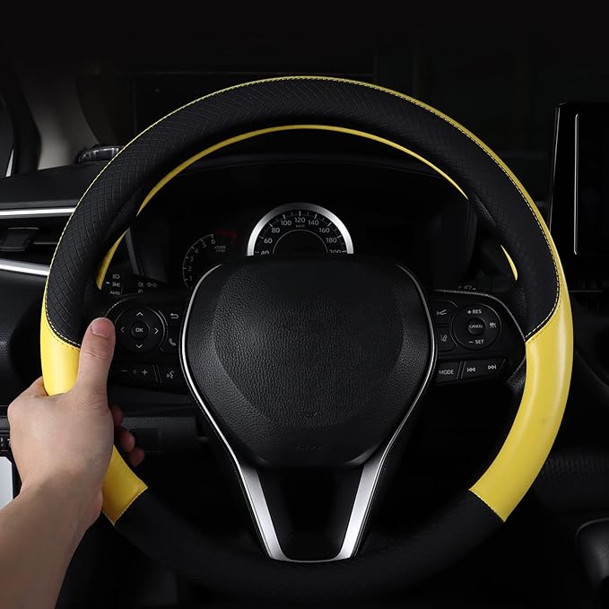 Auto Car Genuine Leather Steering Wheel Cover Anti Slip Wrap 15" (Yellow)