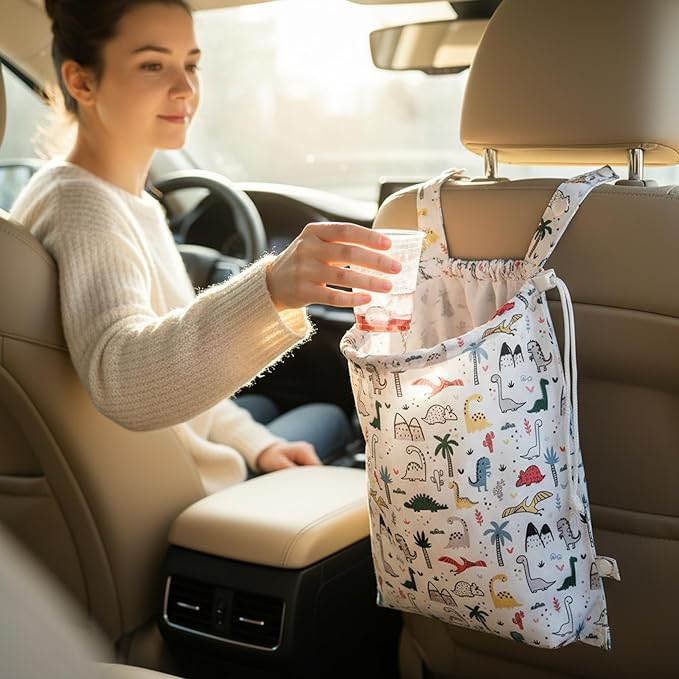 FLOCK THREE Leak-Proof Waterproof Car Trash Bag Foldable Multipurpose Trash bin Container Storage Cute Grocery Organizer Bag for Automotive Front or Back Seat in Cars SUVs and Trucks (Dino)