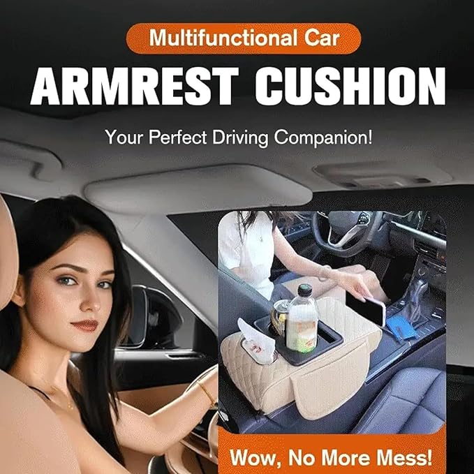 Multifunctional Pu Leather Car Armrest Box Mat With Cup Holders, Universal Armrest Box Pad, With Side Pockets, Easy To Clean Interior Organizer Waterproof For Cars, Trucks, Suvs (Embossed, Black-Red)