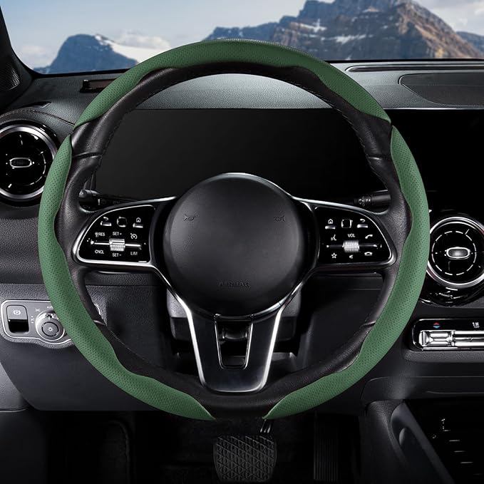 Car Steering Wheel Cover Leather Snap On 3Pcs Set Non-Slip Protector Wrap Steering Wheel Accessories 14.5-15 inch Universal Green