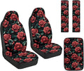 FUSURIRE 5PCS Car Accessories Set, Red Rose Print Vehicle PU Front Seat Covers, Seat Belt Covers & Center Armrest Pad, Universal for SUV, Truck, RV