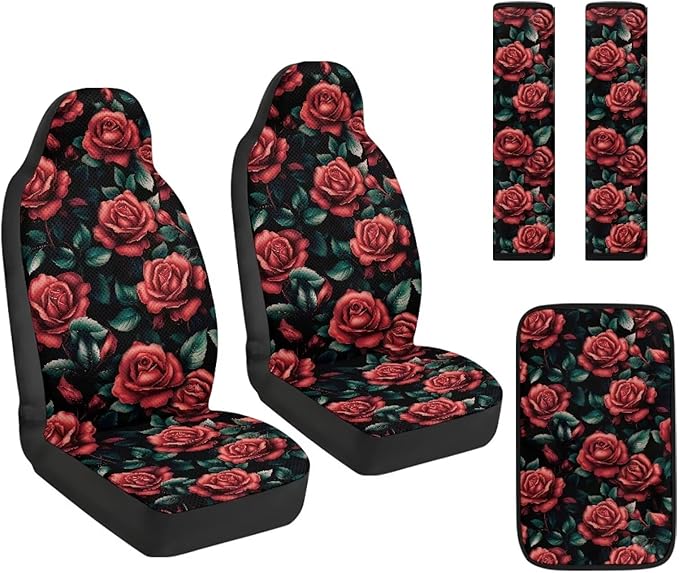 FUSURIRE 5PCS Car Accessories Set, Red Rose Print Vehicle PU Front Seat Covers, Seat Belt Covers & Center Armrest Pad, Universal for SUV, Truck, RV