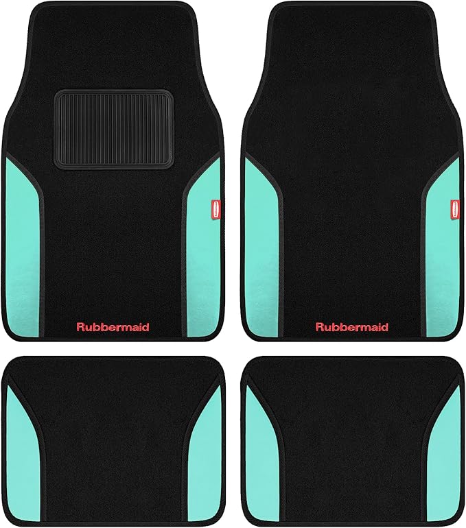 Rubbermaid Car Mats, Carpeted Floor Car Mat with Faux Leather & Built-in Heel Pad, Two-Tone Car Rug Floor Mats, Stylish Carpeted Floor Mats for Cars, Trucks & SUVs Mint Color