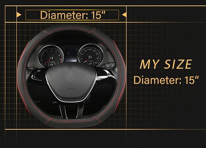 D Shape Car Steering Wheel Cover, Universal 15 inch Stitching Color Anti-Slip Steering Wheel Protector, Red and Black Style (Red and Black D Shape)