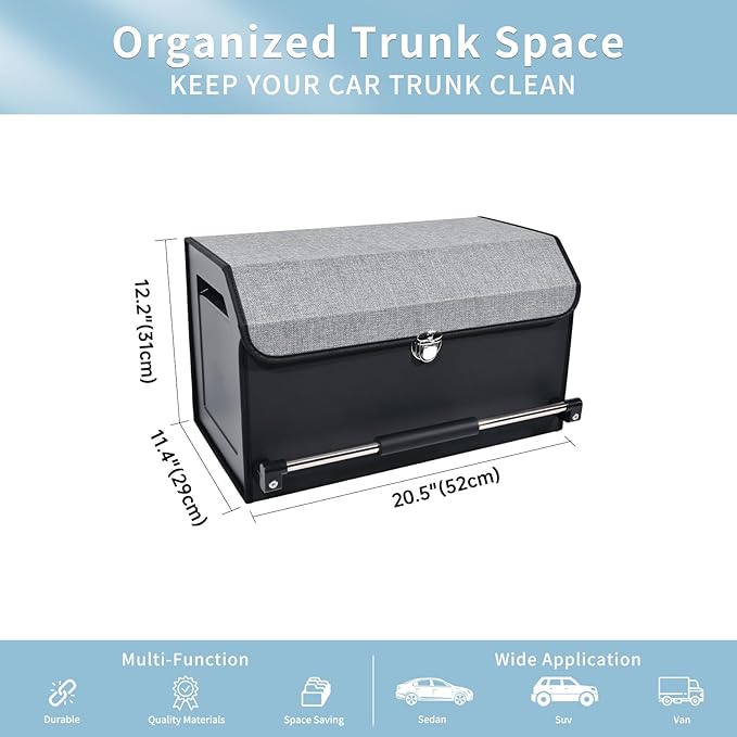 XCF Car Trunk Organizer, Leather Trunk Organizer with Push-pull Handle and Lid Car Trunk Storage Organizer for SUV, Minivan, Truck (Grey, 20.47 x 11.42 x 12.2in)
