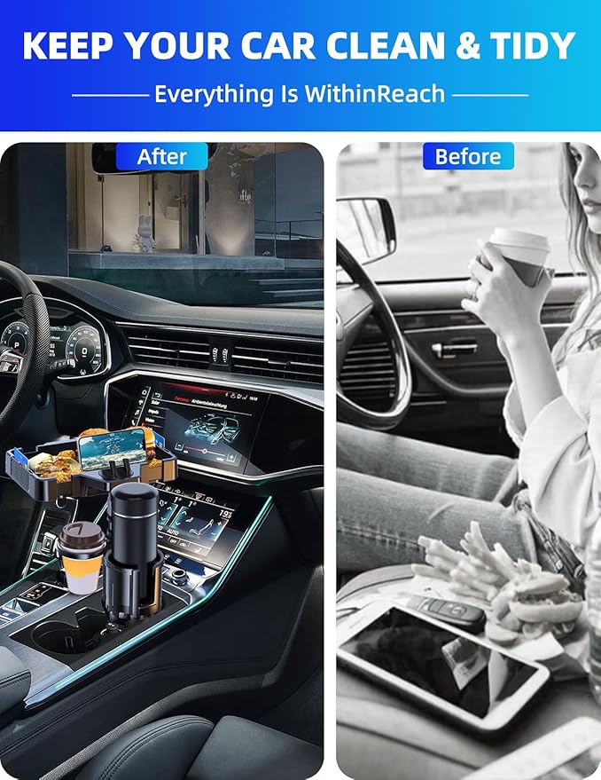 Car Cup Holder Tray, 10 Inch 4-in-1 Cup Holder Tray, 360° Rotating Drink Holder Expander with Detachable Food Tray & Phone Holder, Road Trip Essentials