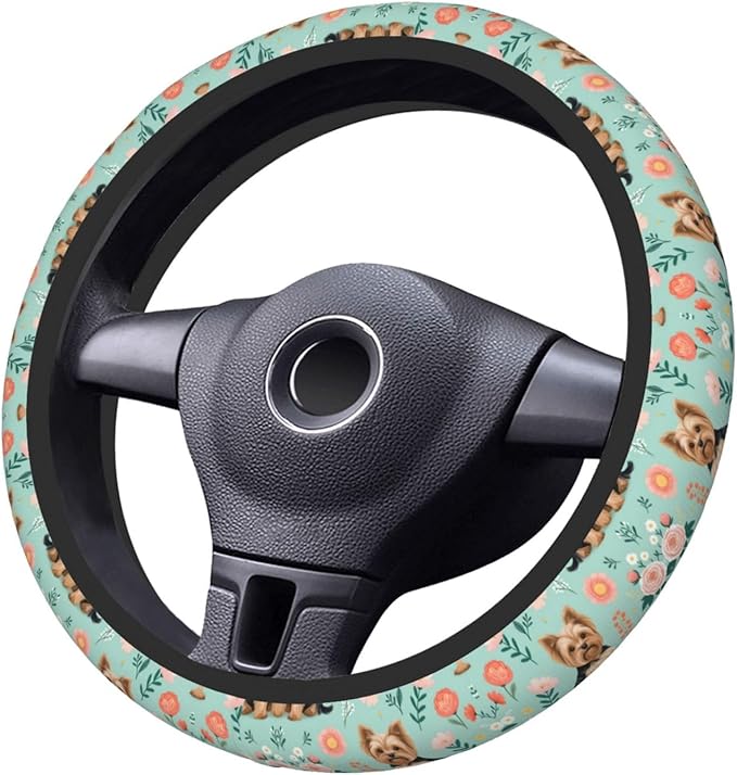 Dogs Flower Art Universal Fit Steering Wheel Cover for Car, Truck, and SUV, Durable Steering Wheel Protection