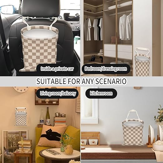 AUEKLLW Car Trash Can, Hanging Garbage Bin for Men and Women, Cute Car Organizer and Storage Bag, Canvas Vehicle Trash Can Bag Easy-to-Install Cute Checkboard