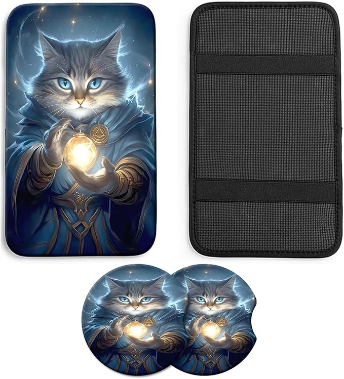 JANENFNA Car Armrest Cover Pads Universal Fashion Cute Auto Center Console Armrest Cover Pad with 2PCS Car Coasters Soft Waterproof Car Armrest Seat Protector for Women,Magic Blue Cat