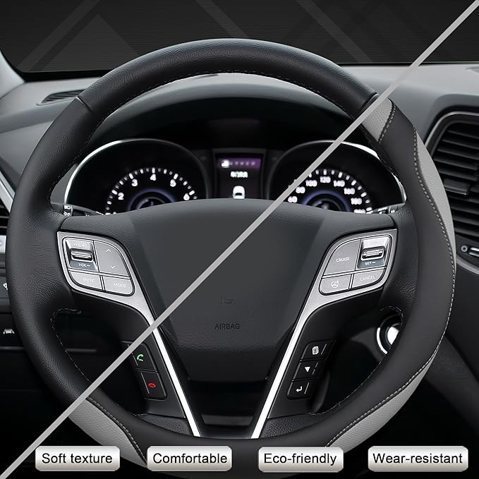 West Llama Customized Auto Car Steering Wheel Cover for Hyundai,Tucson,Sonata,Elantra,Santa Fe,Genesis,Sonata Hybrid,Azera,Venue,Kona, 14.5-15 inches(Black+Gray - Standard Size)