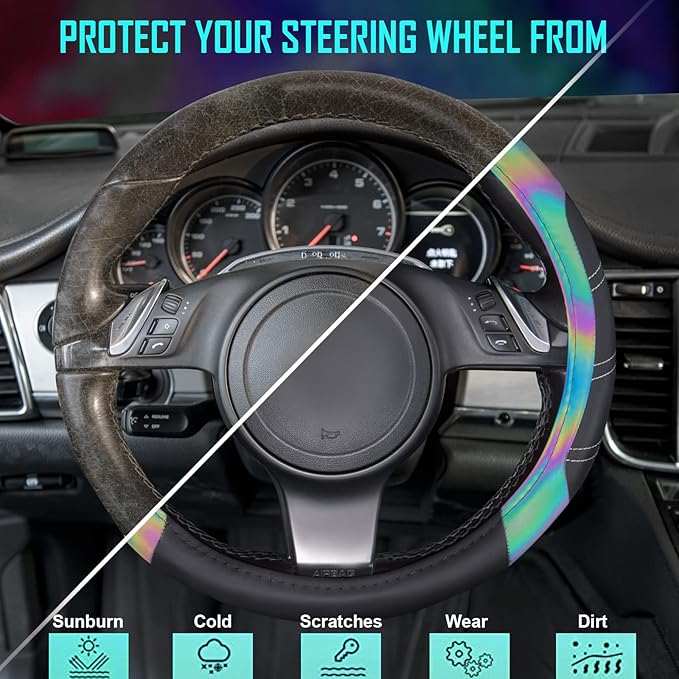 CAR PASS Line Rider Microfiber Leather Sporty 14.5-15 inch Steering Wheel Cover Universal Fits for 95% Truck,SUV,Cars, Anti-Slip Safety Comfortable Design (Black Reflective)