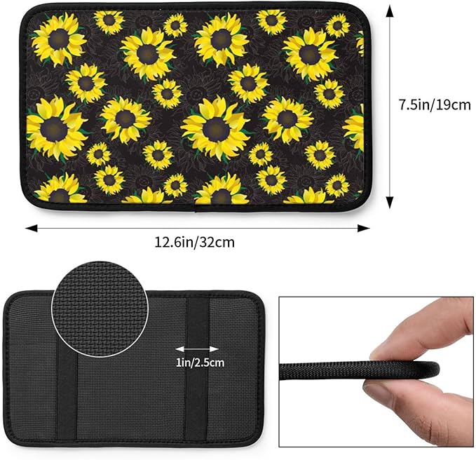 DORKEIXIA Sunflower Flower Floral Black Auto Center Console Armrest Pad Universal Car Center Console Cover Seat Box Cover for Sedan, Van, SUV, Truck Car Accessorie