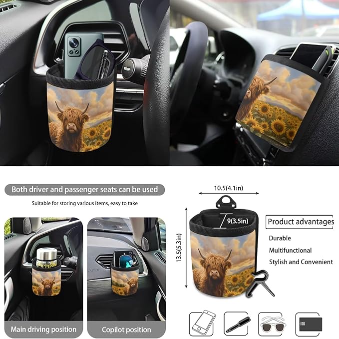 10 Piece Car Seat Cover Sets for Women and Men, Highland Cattle Sunflower Printed Car Front and Back Seat Protector Steering Wheel Cover Trash Can Air Vent Storage Bag Wristlet Keychain