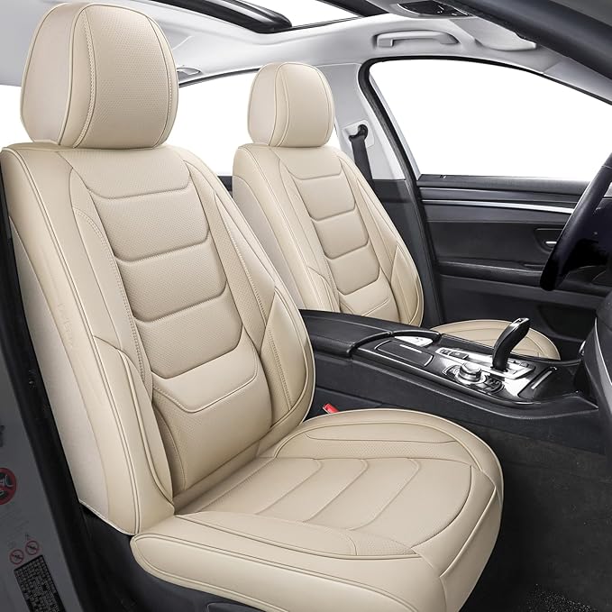 hoozoom Leather Front Car Seat Covers Breathable Seat Covers Waterproof Seat Protectors Universal Fit for Most Automotive Cars SUV Trucks Van (Beige, Front Pair)